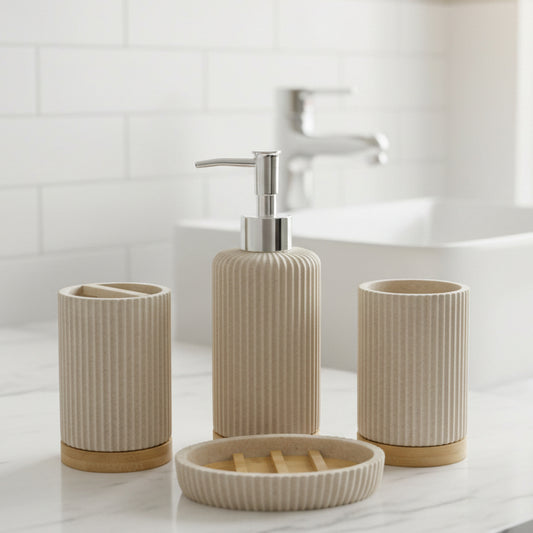 4-Pc Ceramic & Bamboo Bathroom Accessories Set