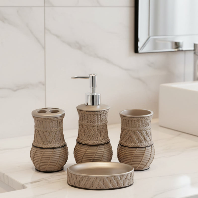 Rattan-Weave Ceramic Bathroom Accessories Set - 4 Pcs