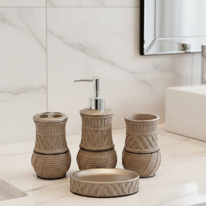 Rattan-Weave Ceramic Bathroom Accessories Set - 4 Pcs