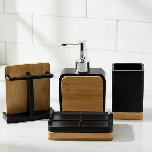 Premium Bamboo & Matte Black Bathroom  Set (4-Piece)
