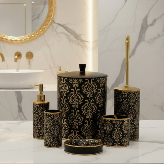 Luxury Black & Gold Damask 6-Piece Bathroom Set