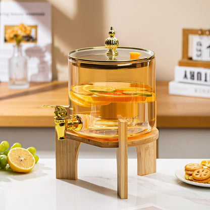 Luxury Glass Beverage Dispenser with Wooden Stand & Gold Tap