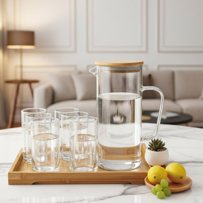 Borosilicate Glass Pitcher Set with 6 Glasses & Bamboo Tray