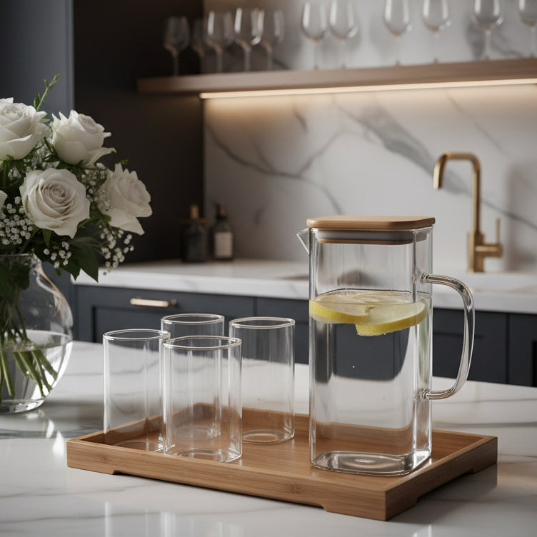 Luxury Glass Water Jug Set with Wooden Lid & Tray ( 1 )