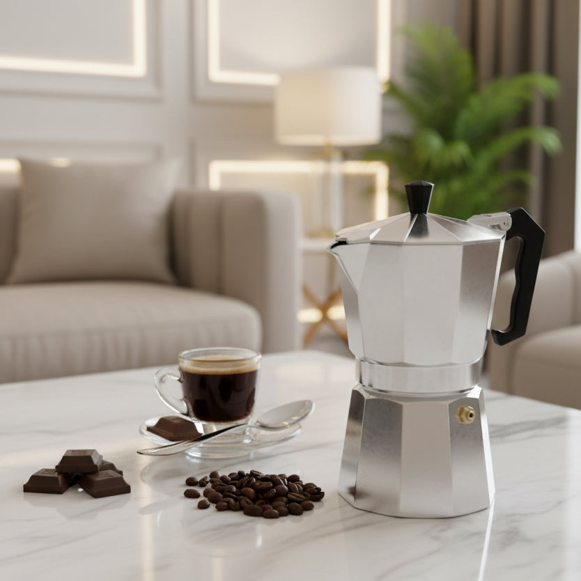 Italian Moka Pot Espresso Maker with Wooden Handle - silver