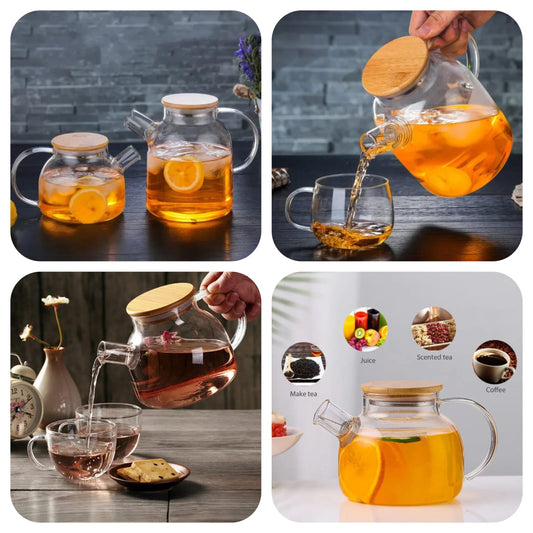 Heat Resistant Glass Tea Infuser Pot With Wooden Cover