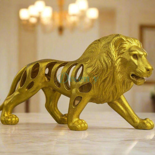 golden lion figurine decor  elegant lion statue for home  luxury striped animal sculpture  lion ornament for office table  resin lion figurine golden finish
