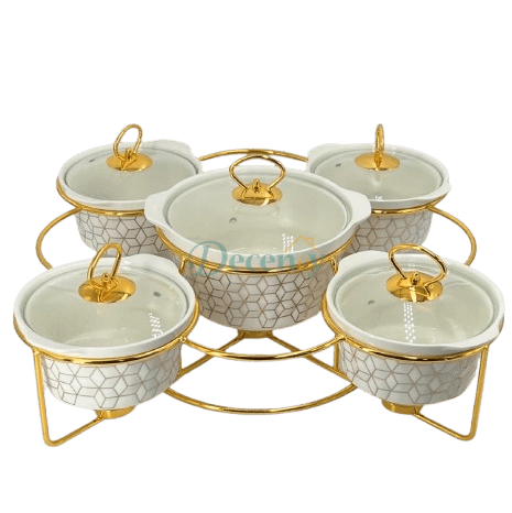 The Geometric Gold 5-Piece Ceramic Chafing Server (White)
