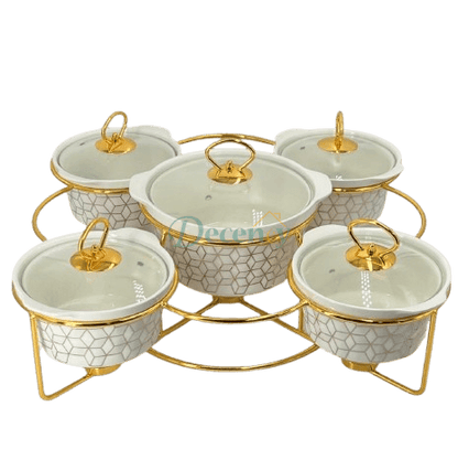 The Geometric Gold 5-Piece Ceramic Chafing Server (White)