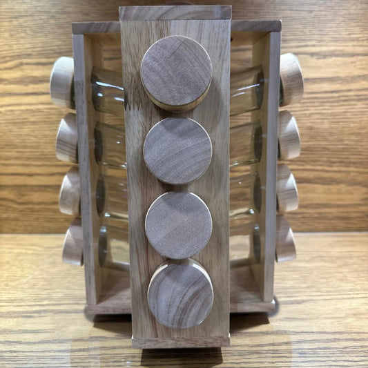 8PCS WOODEN SPICE ORGANIZER – ROTATING SPICE JAR HOLDER & STORAGE SHELF