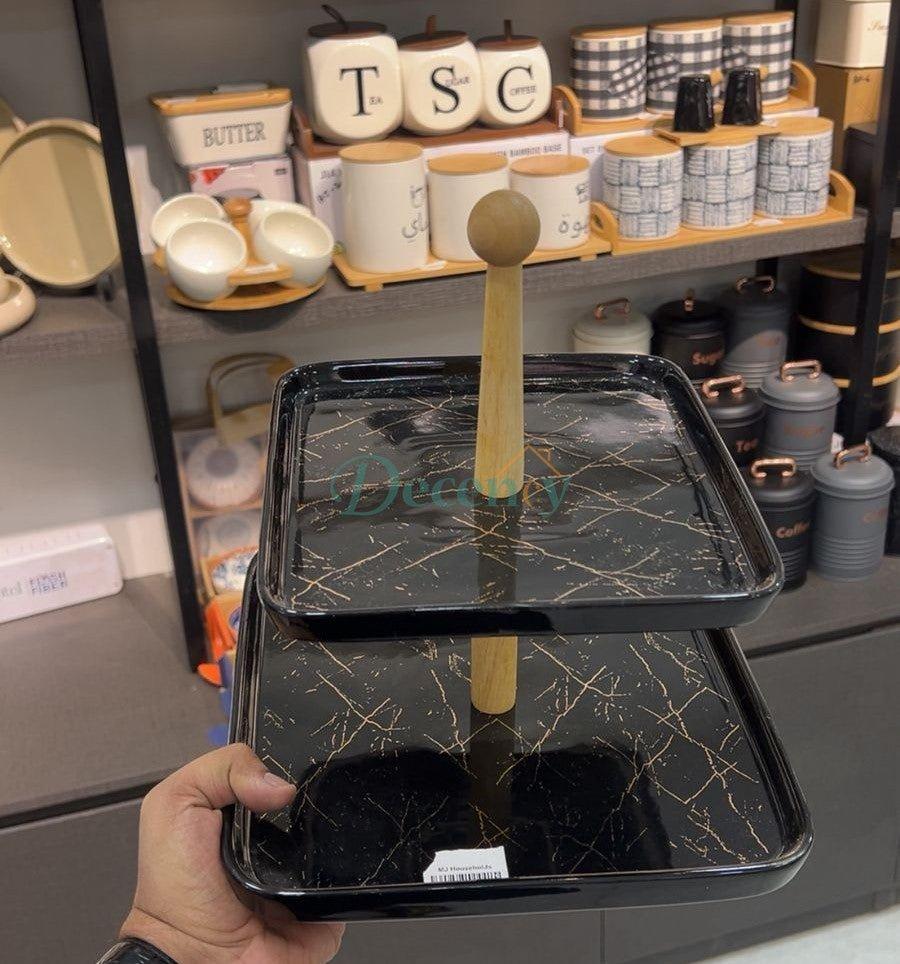 Two Tier Ceramic Serving Tray with Wooden Handle