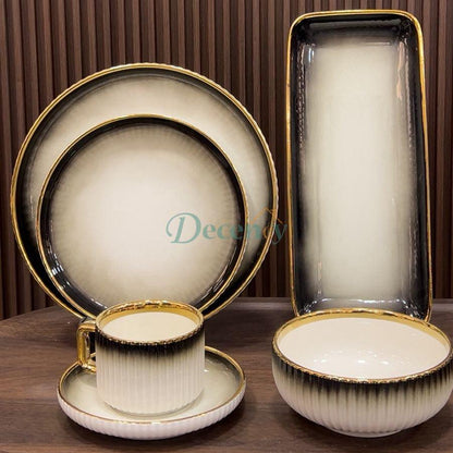 Premium Porcelain Dinner Set with White & Black Shaded and Elegant Self Linning Texture