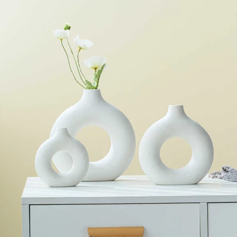 3 Pcs Pure Ceramic Donut White Vase, Original Glazed Ceramic Pot