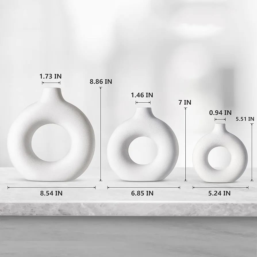 3 Pcs Pure Ceramic Donut White Vase, Original Glazed Ceramic Pot