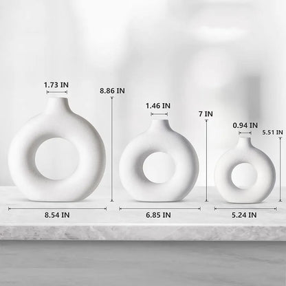 3 Pcs Pure Ceramic Donut White Vase, Original Glazed Ceramic Pot