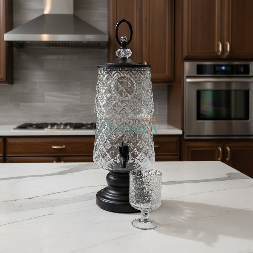 Luxury Glass Beverage Dispenser with 6 Glasses 3 Litre (Black Base & Lid )
