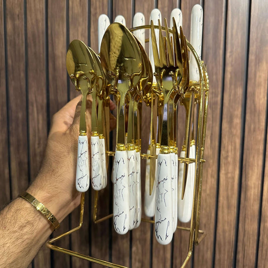 Luxury Gold Beaded Cutlery Set — 24-Piece with Stand