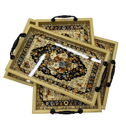 Luxury Wooden Frame Floral Serving Trays – Set of 3