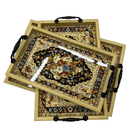 Luxury Wooden Frame Floral Serving Trays – Set of 3