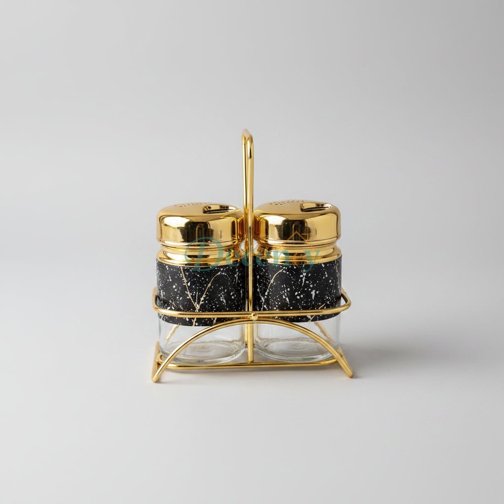 Luxurious Gold & Marble Salt and Pepper Shaker Set with Stand
