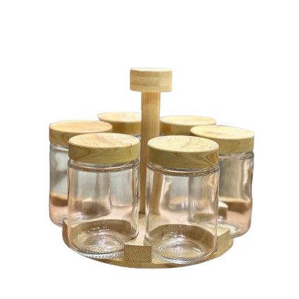 Luxury Glass Spice Jar Rack Set with Bamboo Holder – 6 Pc