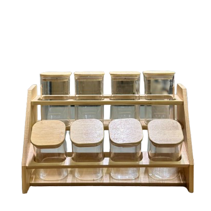 Elegant Bamboo Spice Tube Holder with Glass Jars – 8 Pieces
