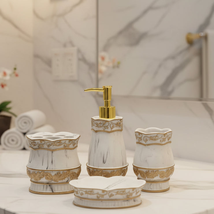 Royal Marble & Embossed Gold 4-Piece Ceramic Bathroom Set