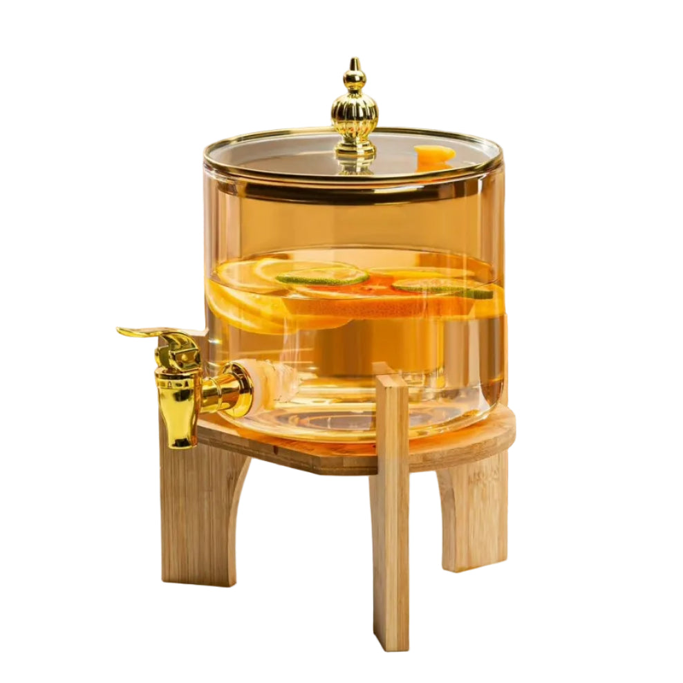 Luxury Glass Beverage Dispenser with Wooden Stand & Gold Tap