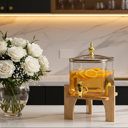 Square Luxury Glass Beverage Dispenser with Wooden Stand