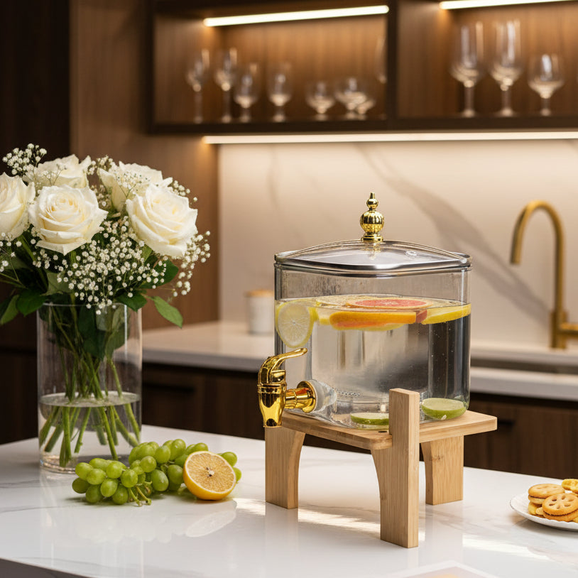 Luxury Square Black Glass Beverage Dispenser with Wooden Stand