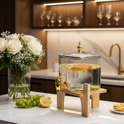 Luxury Square Black Glass Beverage Dispenser with Wooden Stand