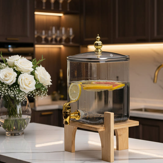 Luxury Square Black Glass Beverage Dispenser with Wooden Stand