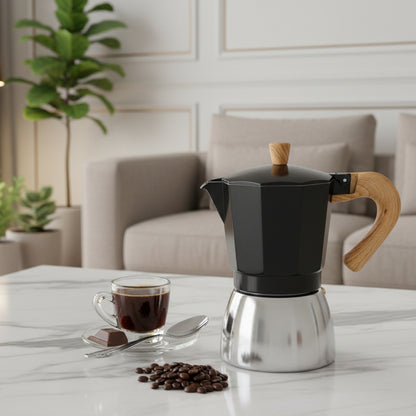 Italian Moka Pot Espresso Maker with Wooden Handle - Black