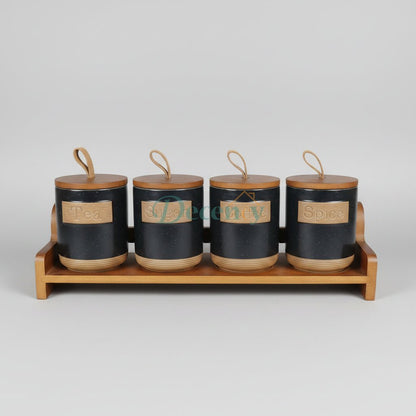 7-Piece Ceramic Kitchen Storage Jar Set with Wooden Lids & Tray