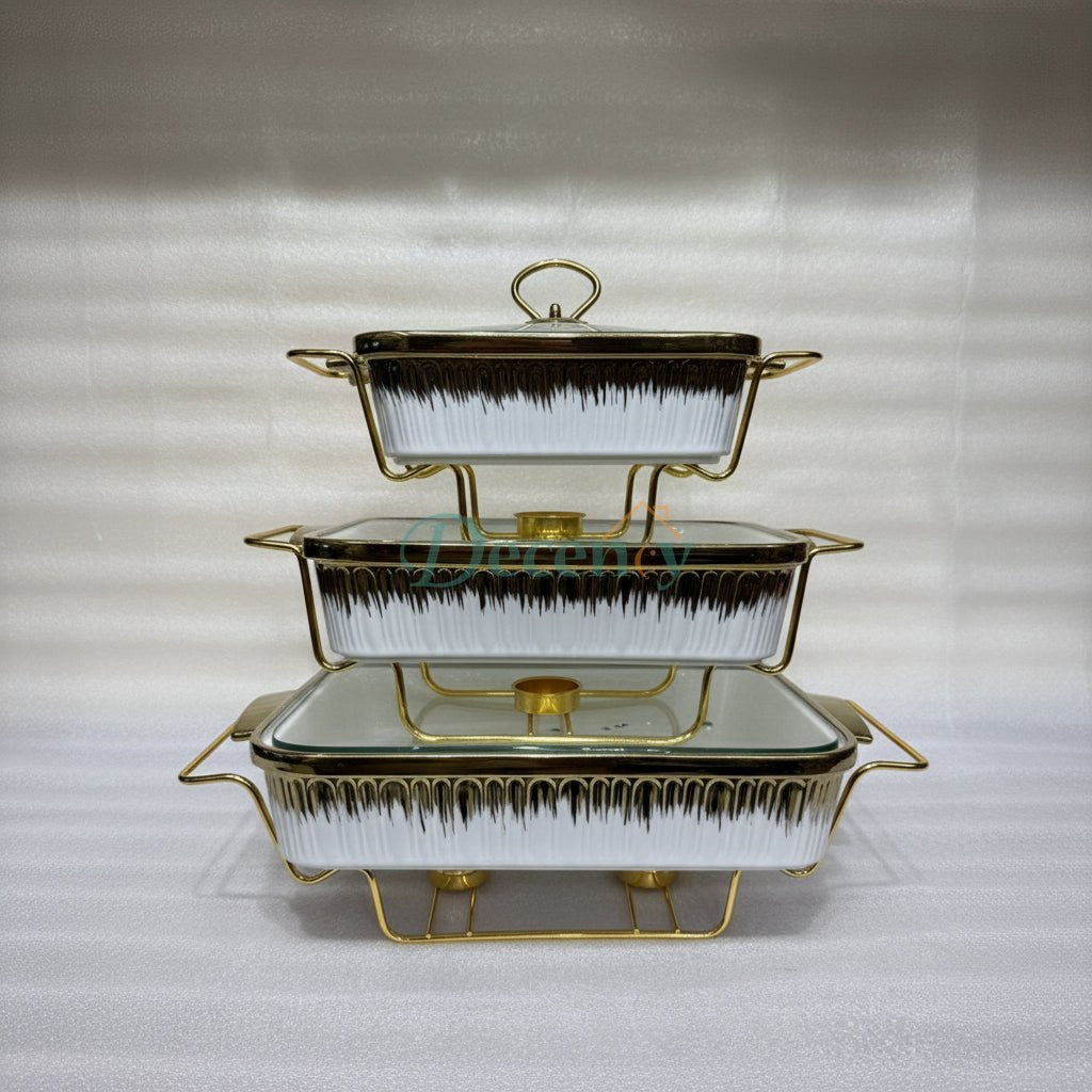 Luxury Ceramic Hotpot Casserole Set with Candle Warmers (3-Piece)
