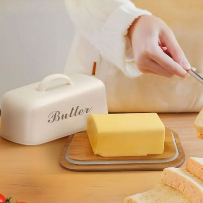 LuxeSeal Metallic Butter Dish with Wooden Base – Airtight