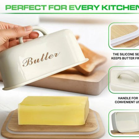 LuxeSeal Metallic Butter Dish with Wooden Base – Airtight