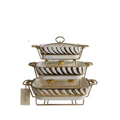 3 Pcs Luxury Ceramic Buffet Dish Set with Golden Stand & Lid ( 2 )