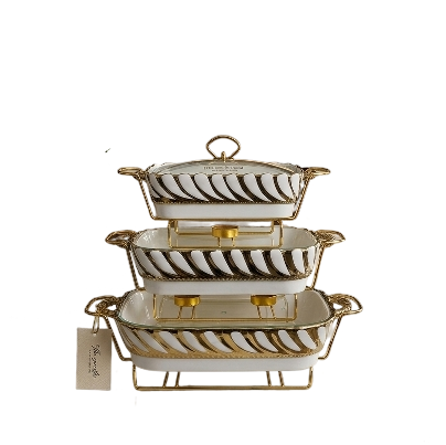 3 Pcs Luxury Ceramic Buffet Dish Set with Golden Stand & Lid ( 2 )