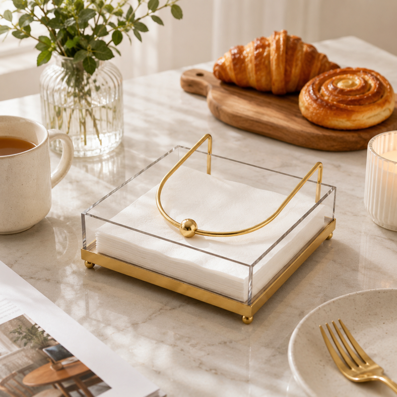 Clear acrylic napkin holder with gold metal stand displaying white tissue paper on a marble table