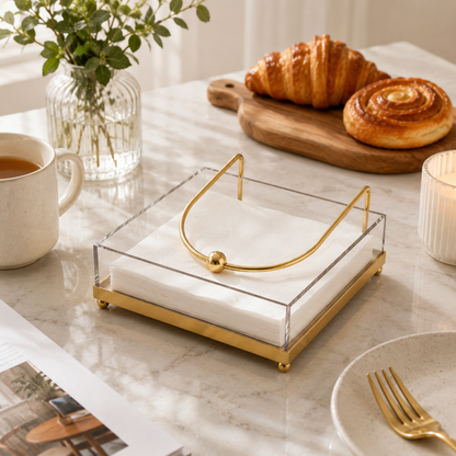 Clear acrylic napkin holder with gold metal stand displaying white tissue paper on a marble table