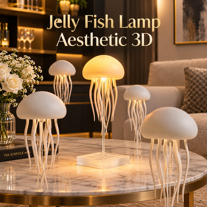 Aesthetic 3D jellyfish lamp displaying a soft warm glow on a modern marble center table in a cozy living room   
