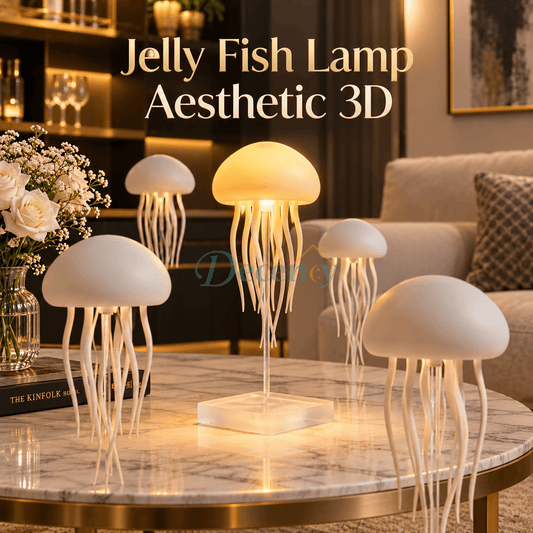 Aesthetic 3D jellyfish lamp displaying a soft warm glow on a modern marble center table in a cozy living room   
