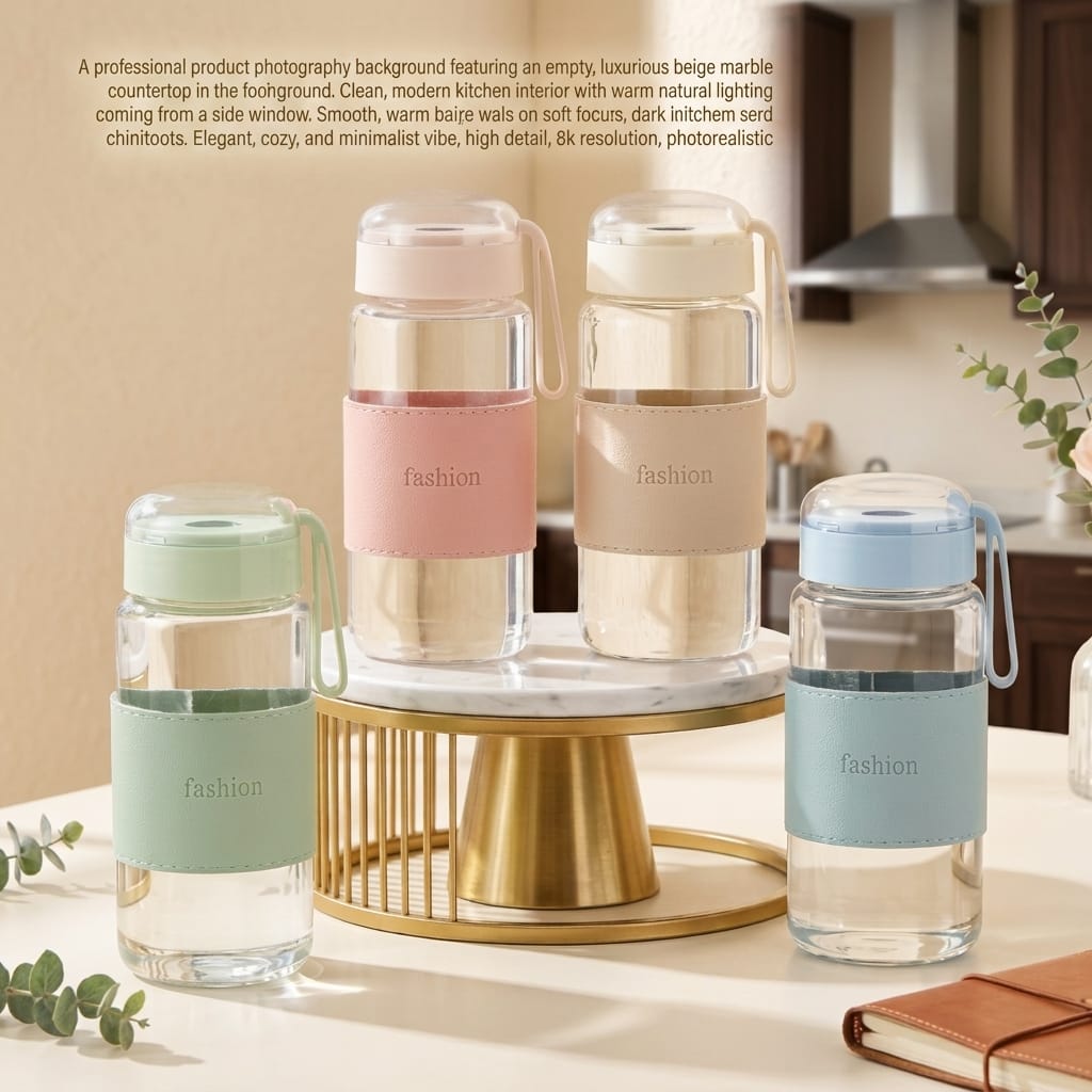 Four aesthetic glass water bottles with pastel leather sleeves displayed on a marble stand