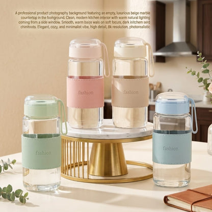 Four aesthetic glass water bottles with pastel leather sleeves displayed on a marble stand