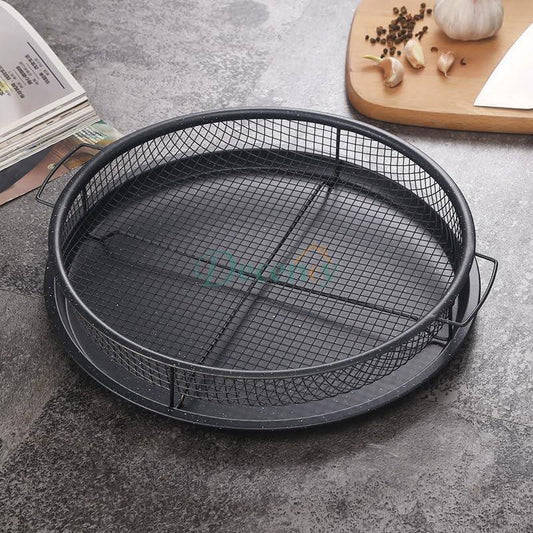 Non-stick round air fryer crisp tray and mesh basket set filled with fries and fried chicken