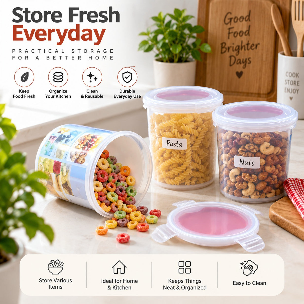 Airtight plastic kitchen food storage containers in small and large sizes displayed on a wooden kitchen counter in Pakistan