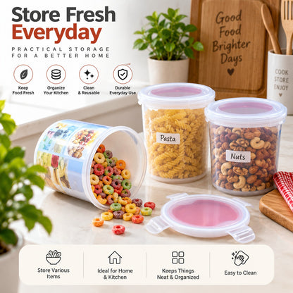 Airtight plastic kitchen food storage containers in small and large sizes displayed on a wooden kitchen counter in Pakistan