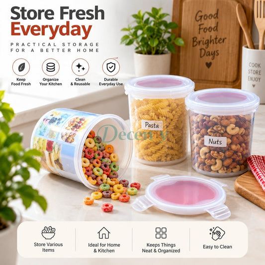 Airtight plastic kitchen food storage containers in small and large sizes displayed on a wooden kitchen counter in Pakistan