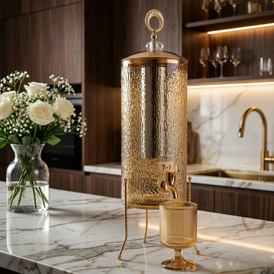 Close-up of gold leak-proof tap spigot attached to a fluted amber glass beverage dispenser.